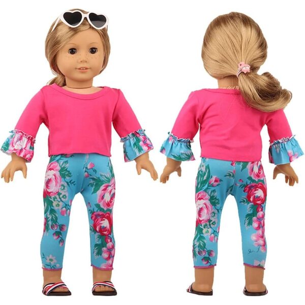18-Zoll-Puppenkleidung für amerikanische Puppen – lässiges 2-teiliges Set, blaues Blumen-Oberteil und Hose