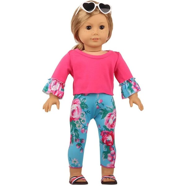 18-Zoll-Puppenkleidung für amerikanische Puppen – lässiges 2-teiliges Set, blaues Blumen-Oberteil und Hose