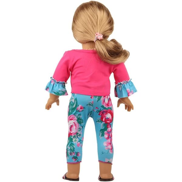 18-Zoll-Puppenkleidung für amerikanische Puppen – lässiges 2-teiliges Set, blaues Blumen-Oberteil und Hose