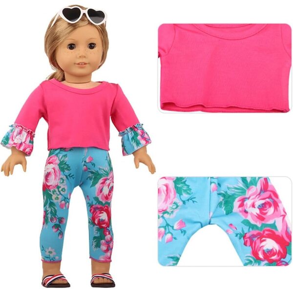 18-Zoll-Puppenkleidung für amerikanische Puppen – lässiges 2-teiliges Set, blaues Blumen-Oberteil und Hose