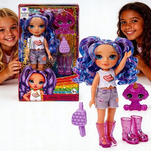 Rainbow High Littles Dolls Amethyst mit Zubehör, Puppe 14 cm