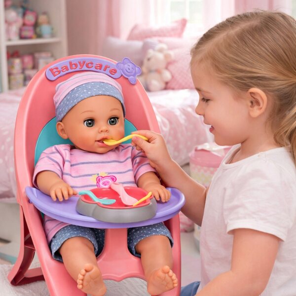 Baby Doll da 30 cm con sedia pappa e 12 suoni – Giocattolo interattivo