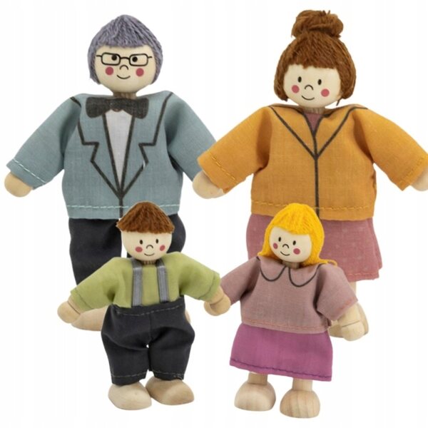 VIGA Set mit 4 Holzpuppen mit Textilkleidung für das Puppenhaus