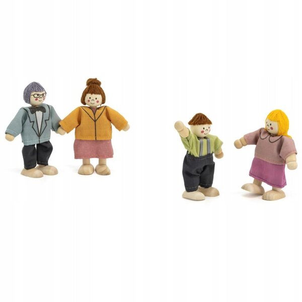 VIGA Set mit 4 Holzpuppen mit Textilkleidung für das Puppenhaus