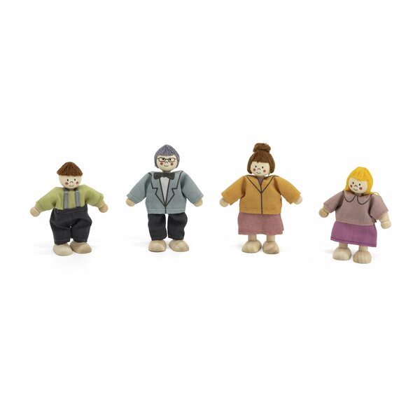 VIGA Set mit 4 Holzpuppen mit Textilkleidung für das Puppenhaus