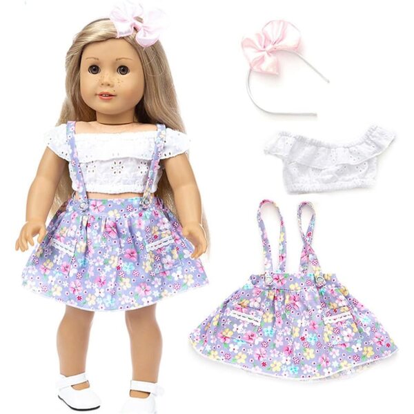 Kleidungsset für 18-Zoll-Puppen – Lila Blumenkleid mit Schärpe und Oberteil – 3-teilig