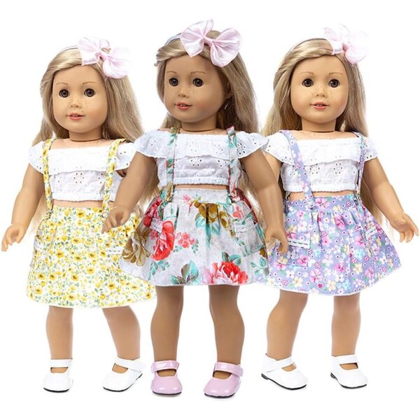 Kleidungsset für 18-Zoll-Puppen – Lila Blumenkleid mit Schärpe und Oberteil – 3-teilig