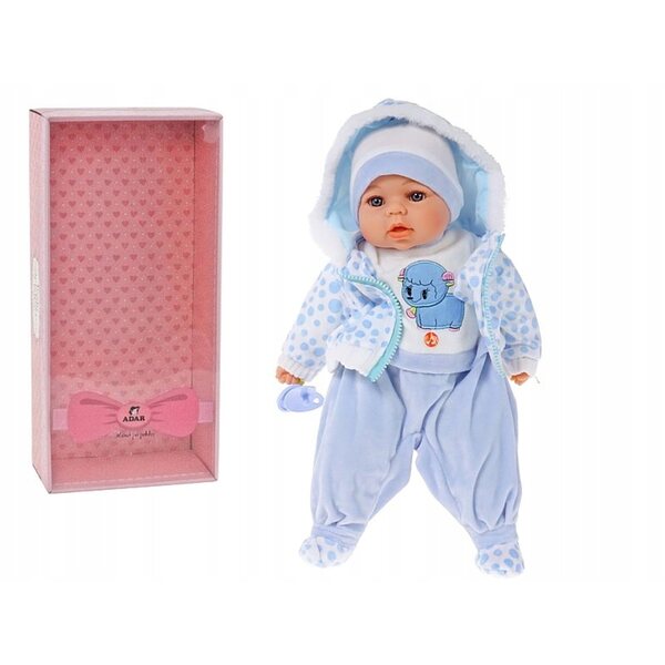 Bambolina 45 cm con suono e ciuccio, realistici vestiti blu