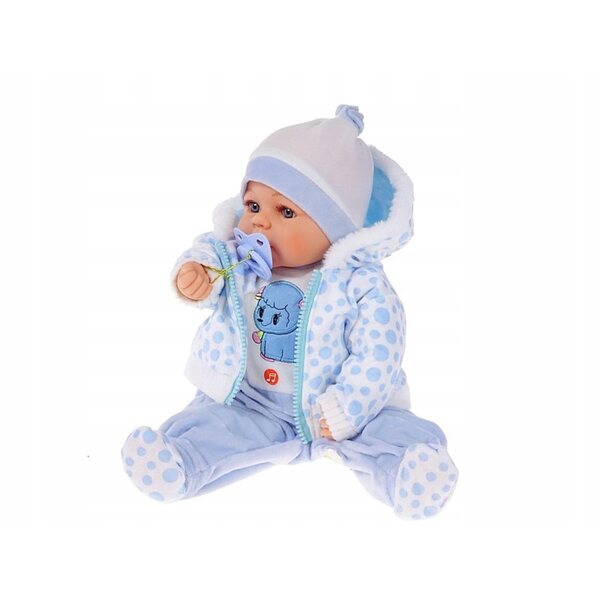 Bambolina 45 cm con suono e ciuccio, realistici vestiti blu