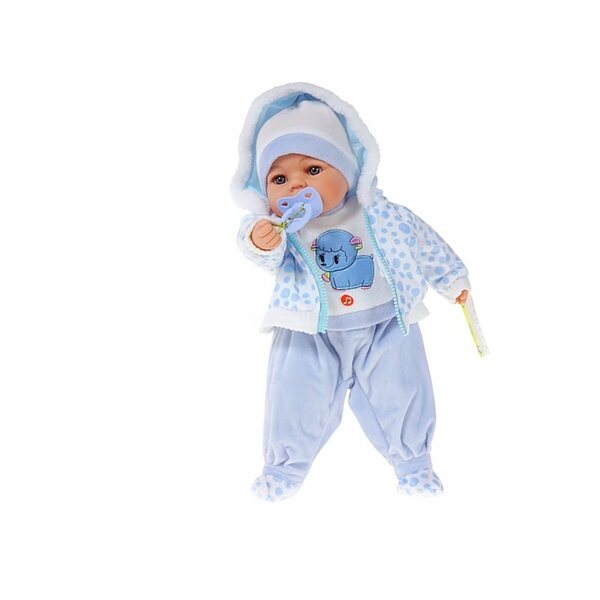 Bambolina 45 cm con suono e ciuccio, realistici vestiti blu