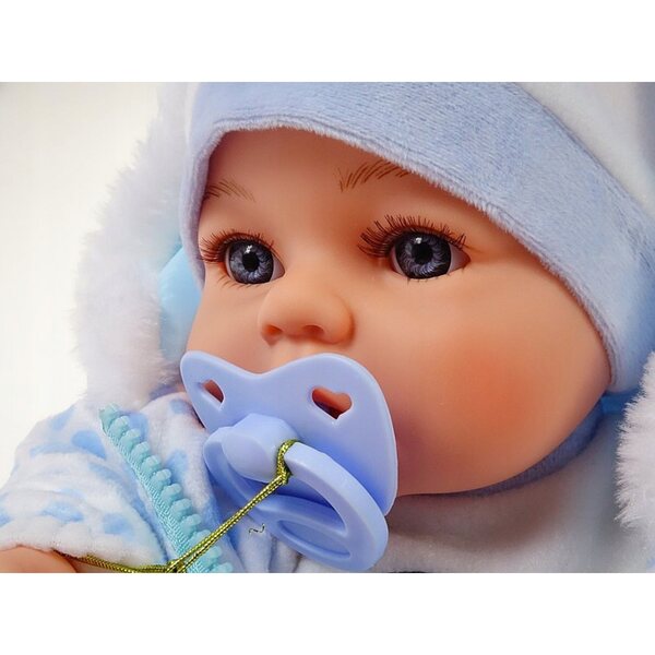Bambolina 45 cm con suono e ciuccio, realistici vestiti blu
