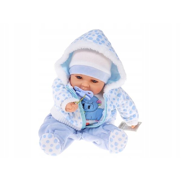 Bambolina 45 cm con suono e ciuccio, realistici vestiti blu