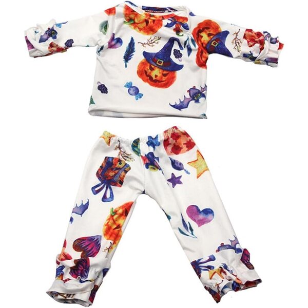 Halloween-Kleidung für 18-Zoll-amerikanische Puppen – Kürbis-Oberteil und -Hose-Set, 2-teilig