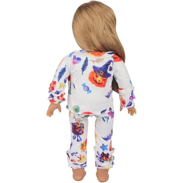 Halloween-Kleidung für 18-Zoll-amerikanische Puppen – Kürbis-Oberteil und -Hose-Set, 2-teilig