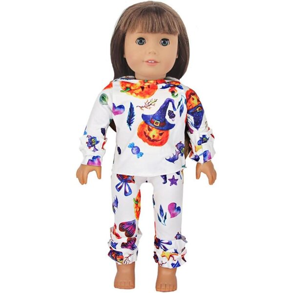 Halloween-Kleidung für 18-Zoll-amerikanische Puppen – Kürbis-Oberteil und -Hose-Set, 2-teilig