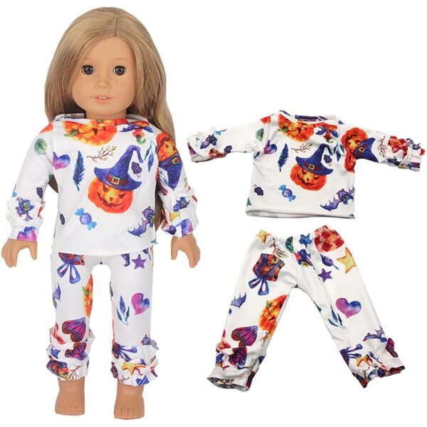 Halloween-Kleidung für 18-Zoll-amerikanische Puppen – Kürbis-Oberteil und -Hose-Set, 2-teilig