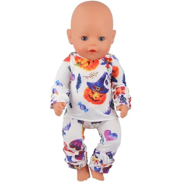 Halloween-Kleidung für 18-Zoll-amerikanische Puppen – Kürbis-Oberteil und -Hose-Set, 2-teilig