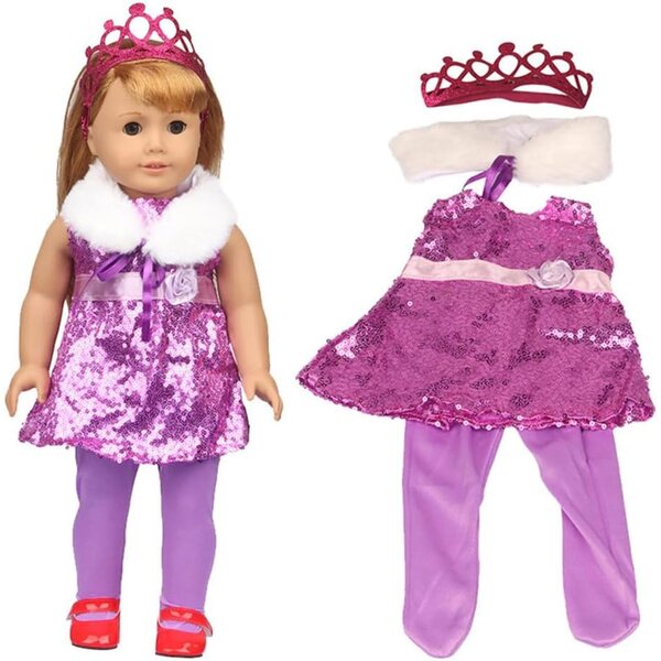 3-teiliges Prinzessinnen-Kleidungsset für 18-Zoll-amerikanische Puppen mit Pailletten und Krone