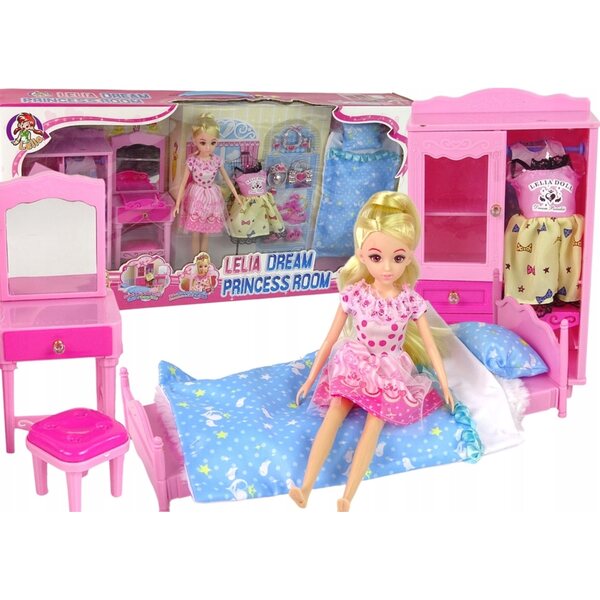 Set Bambola e Mobili per Bambole con Letto, Armadio e Toeletta 27 cm