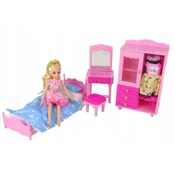 Puppen- und Puppenmöbelset mit Bett, Kleiderschrank und Schminktisch 27 cm