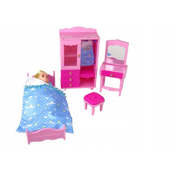 Puppen- und Puppenmöbelset mit Bett, Kleiderschrank und Schminktisch 27 cm