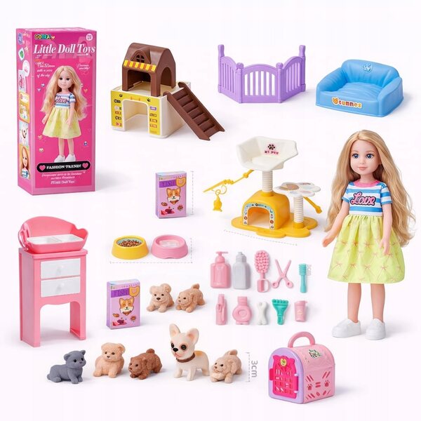 Bambola con arti mobili e animali, set accessori per bambini 3+ anni
