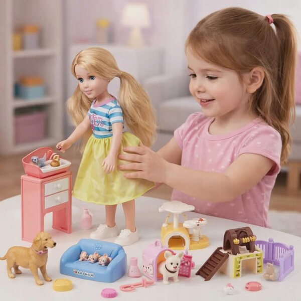 Bambola con arti mobili e animali, set accessori per bambini 3+ anni