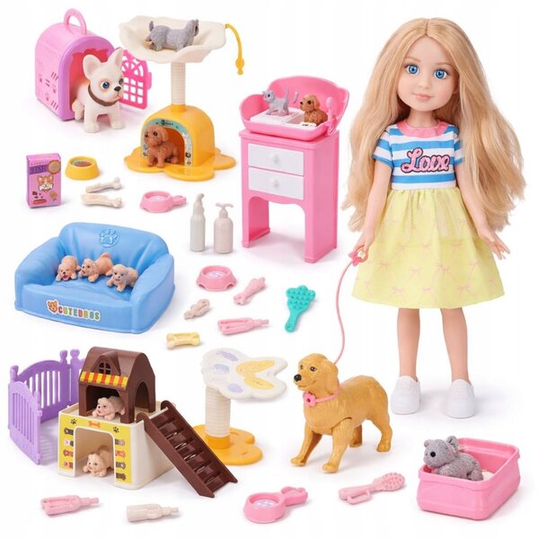Bambola con arti mobili e animali, set accessori per bambini 3+ anni