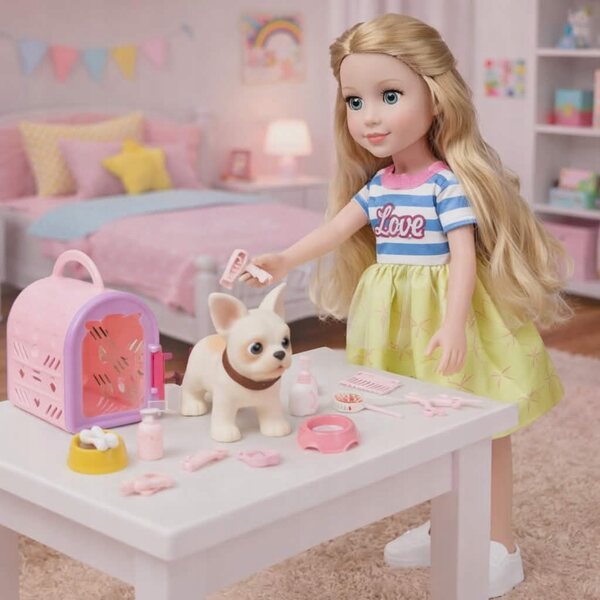Bambola con arti mobili e animali, set accessori per bambini 3+ anni