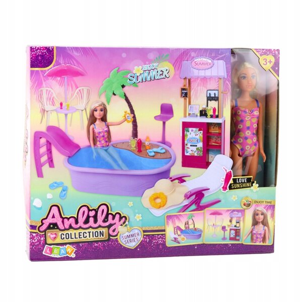 Set Completo Bambola Anlily con Piscina, Palma, Ombrellone e Accessori Estivi per Bambine
