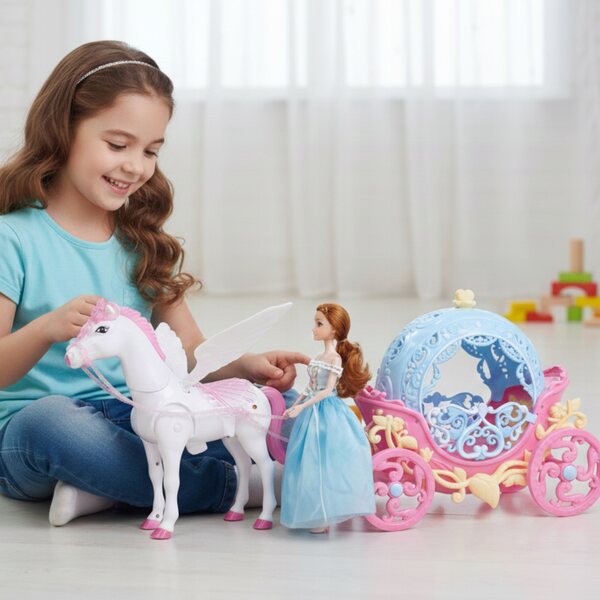 Pegasus mit Sound- und Lichteffekten, Kutsche und Prinzessinnenpuppe für Mädchen ab 3 Jahren
