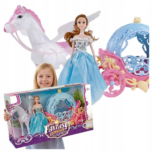 Pegasus mit Sound- und Lichteffekten, Kutsche und Prinzessinnenpuppe für Mädchen ab 3 Jahren