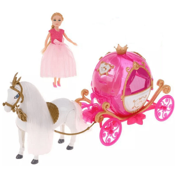Kareta con cavallo che cammina, luce e suoni - set principessa con bambola