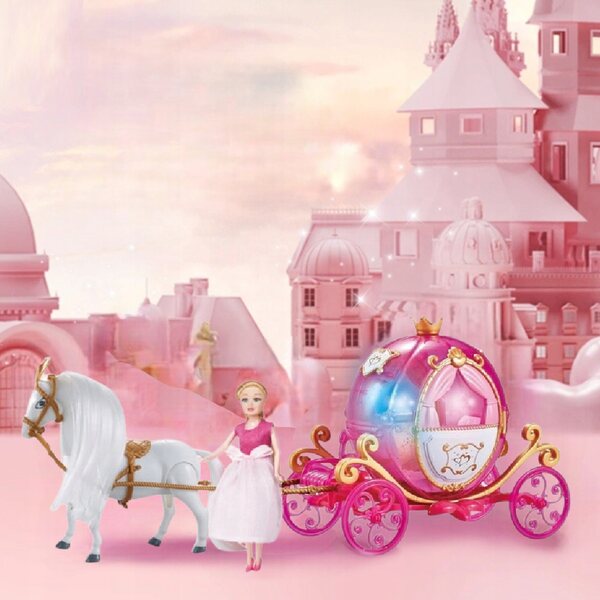 Kareta con cavallo che cammina, luce e suoni - set principessa con bambola