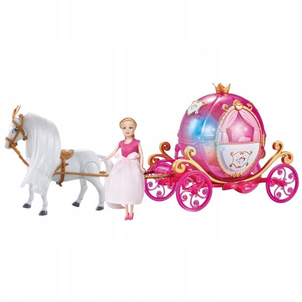 Kareta con cavallo che cammina, luce e suoni - set principessa con bambola