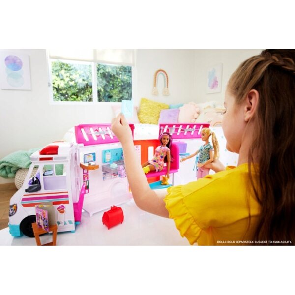 Barbie-Krankenwagen und mobile Klinik 2 in 1 mit über 20 Zubehörteilen und Lichtern