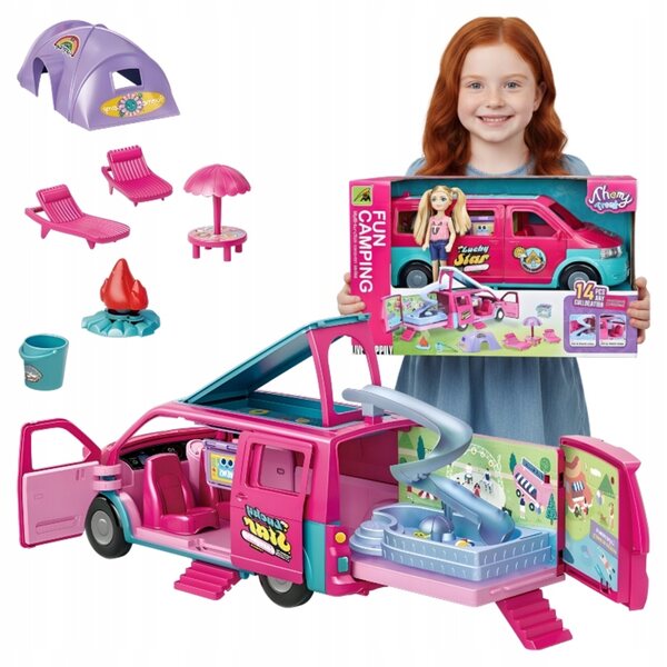 Kamper Puppenauto mit Zelt und Schwimmbad, Sommerspielset für Mädchen ab 3 Jahren
