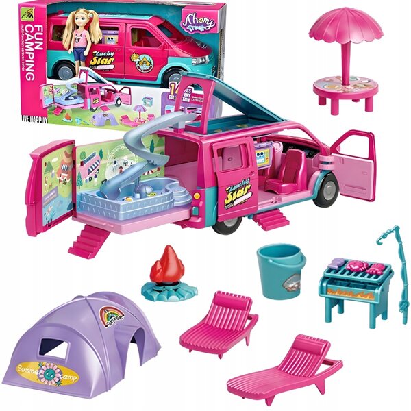 Kamper Puppenauto mit Zelt und Schwimmbad, Sommerspielset für Mädchen ab 3 Jahren