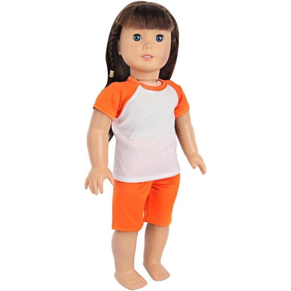 Kleidung für amerikanische 18-Zoll-Puppen – 2-teiliges Set aus orangefarbenem T-Shirt und Shorts