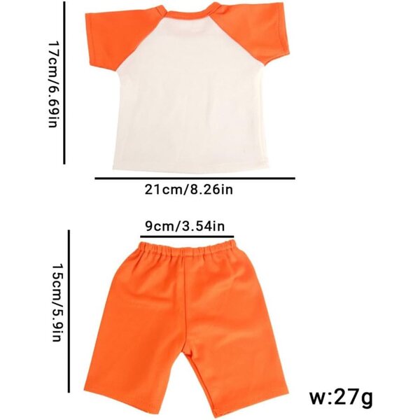 Kleidung für amerikanische 18-Zoll-Puppen – 2-teiliges Set aus orangefarbenem T-Shirt und Shorts
