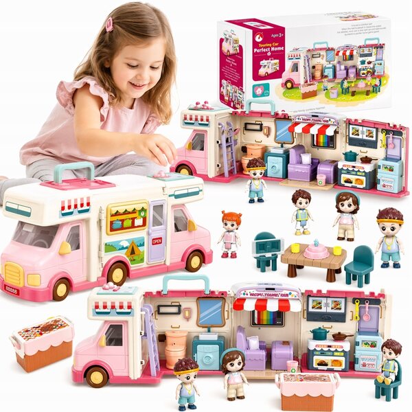 2-in-1-Camper-Puppenhaus mit Zubehör und 4 Figuren: ein kreatives Spielzeug