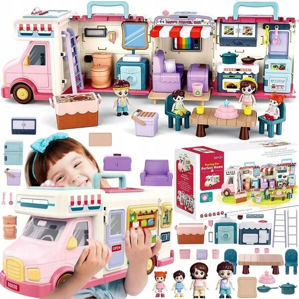 2-in-1-Camper-Puppenhaus mit Zubehör und 4 Figuren: ein kreatives Spielzeug
