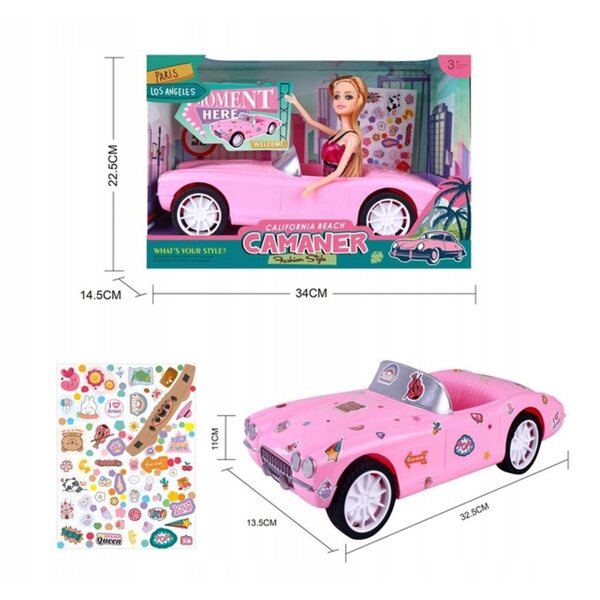 Großes rosa Cabriolet für Puppen mit Puppe und Aufklebern – Spiel für Mädchen ab 3 Jahren
