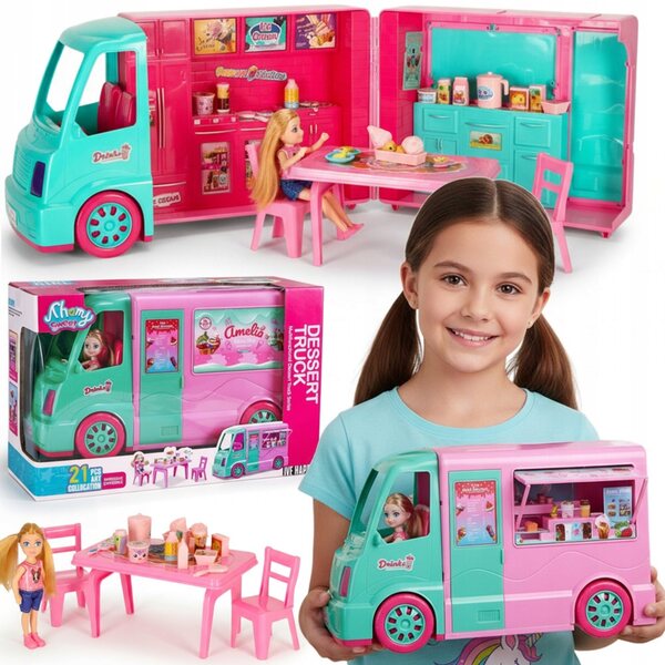 Großes rosafarbenes 2-in-1-Spielzeug Kamper mit Eismaschine und 21 Accessoires für Mädchen