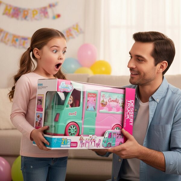 Großes rosafarbenes 2-in-1-Spielzeug Kamper mit Eismaschine und 21 Accessoires für Mädchen