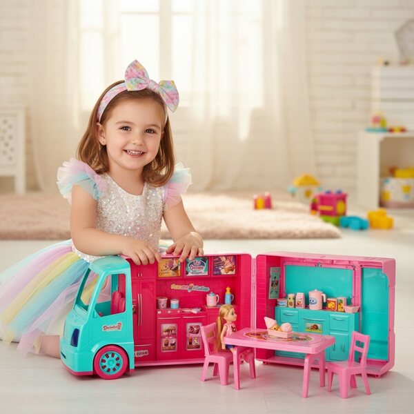 Großes rosafarbenes 2-in-1-Spielzeug Kamper mit Eismaschine und 21 Accessoires für Mädchen