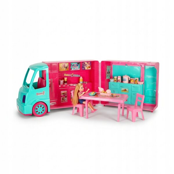 Großes rosafarbenes 2-in-1-Spielzeug Kamper mit Eismaschine und 21 Accessoires für Mädchen