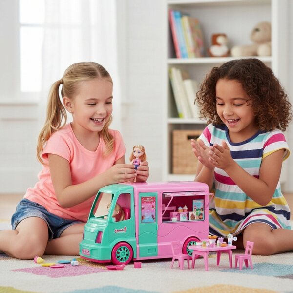 Großes rosafarbenes 2-in-1-Spielzeug Kamper mit Eismaschine und 21 Accessoires für Mädchen