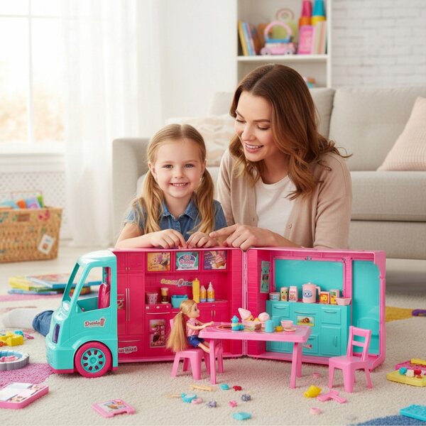 Großes rosafarbenes 2-in-1-Spielzeug Kamper mit Eismaschine und 21 Accessoires für Mädchen