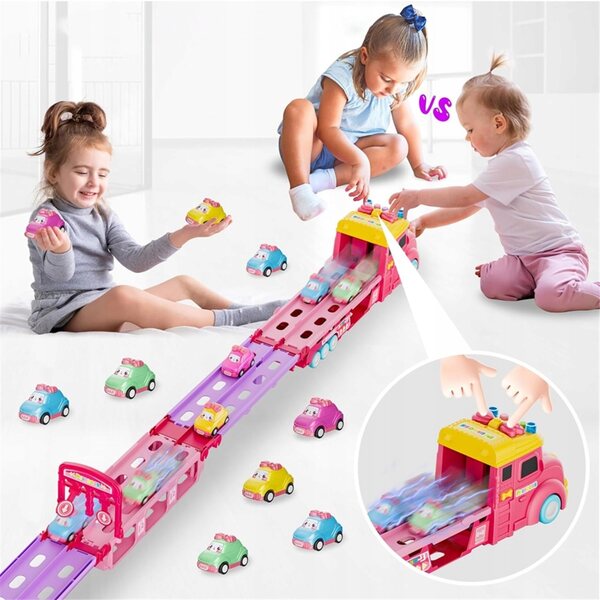 Spielzeugtransporter mit 6 Autos und Doppelschienen mit Licht und Sound für Kinder